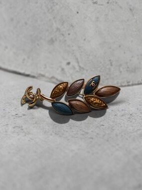 UPCYCLED Chanel Gold-Tone Leaf Brooch with Blue and Brown Enamel Accents